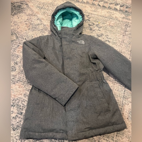 The North Face Kids Charcoal and Teal Hooded Puffer Jacket